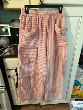 Pink Striped Wide-Leg Cargo Pants